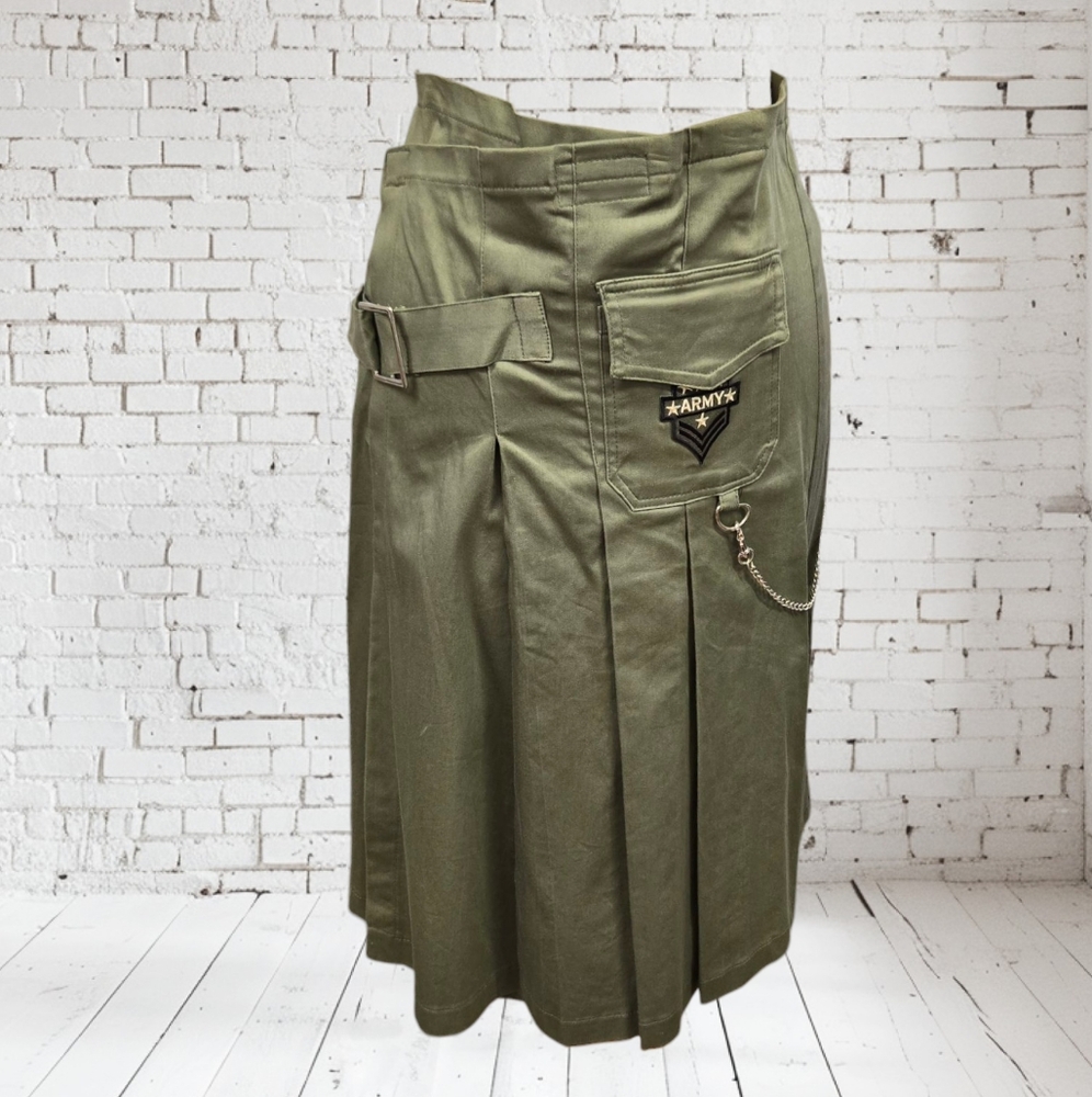Nikkies Threads Army Green Kilt Skirt with Chain Detail Army Patch